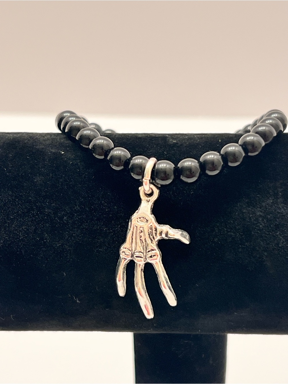 Men's Black Beaded Necklace with Silver Hand Charm